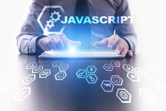 Businessman is using tablet pc and selecting Javascript icon.