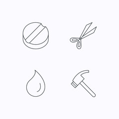 Scissors, hammer and tablet icons.