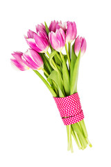 Bouquet of pink tulips decorated with pink ribbon, isolated over white background. 
