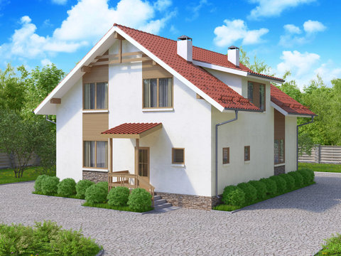 3d rendering of private suburban, two-story house in a modern style 