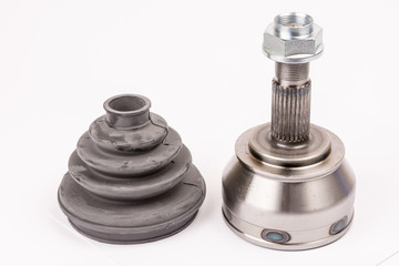 Brand new CV joint with rubber isolated over white with copy spa