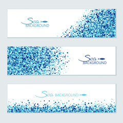 Vector horizontal sea banners set of scatter blue circles for different design.