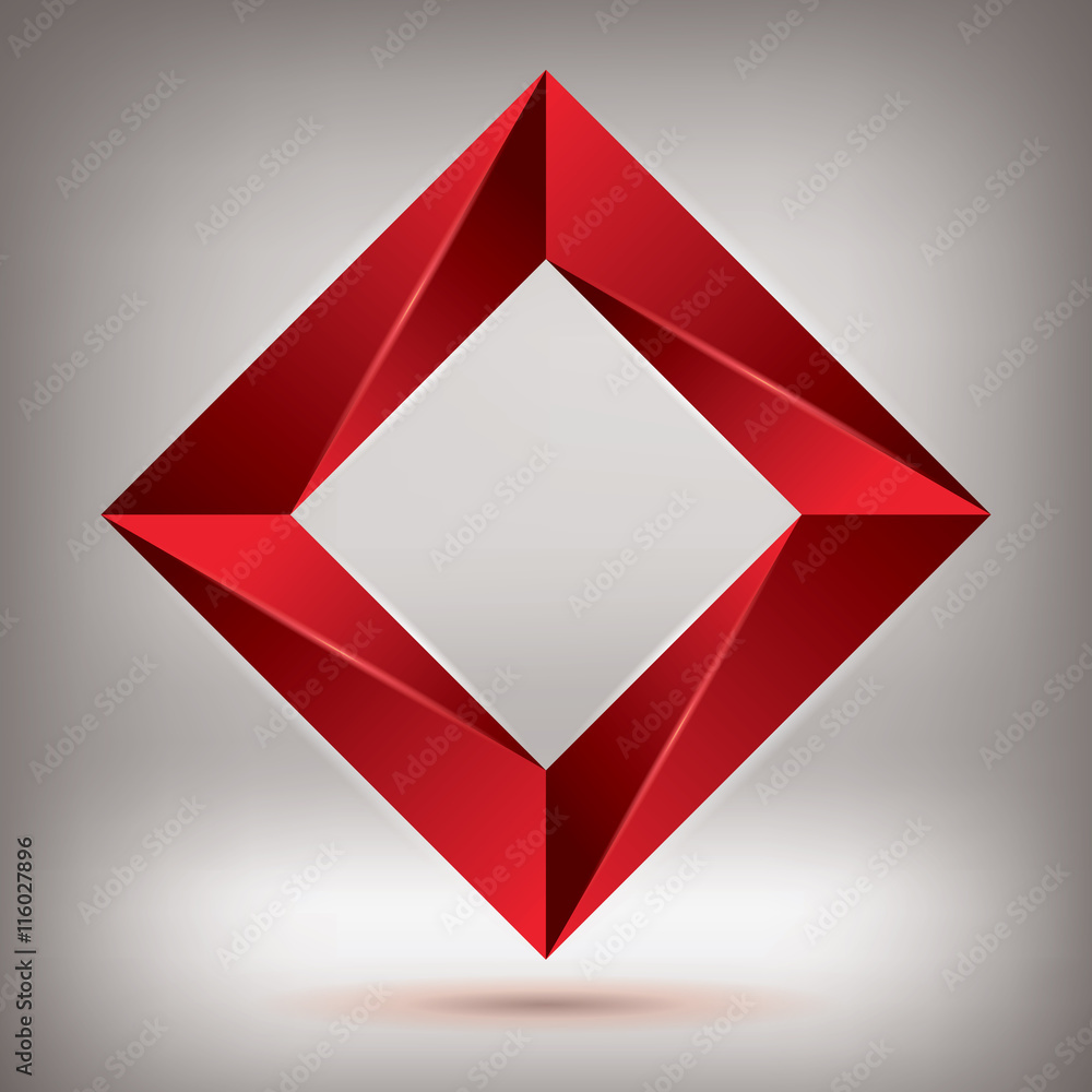 Poster impossible shape, red volume rhombus, abstract design vector object