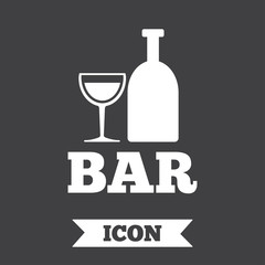 Bar or Pub sign icon. Wine bottle and Glass.