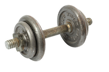 Fototapeta premium Old rusty metal iron dumbbell isolated on white. Image with clipping path.