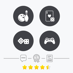 Bowling and Casino signs. Video game joystick.