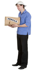 Man hold cardboard box with discription "fragile"