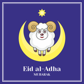 Eid al-Adha greeting card   with the image of a sacrificial ram and a half moon