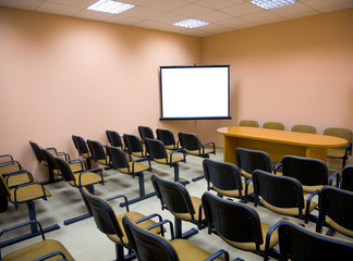 Interior of a conference hall in pink tones