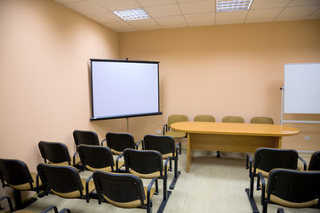 Interior of a conference hall in pink tones