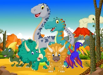 Fototapeta na wymiar funny dinosaur cartoon in the jungle with landscape background