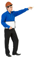 Worker in a helmet indicate a hand