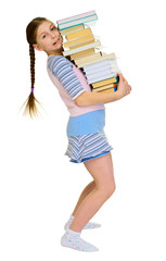 Girl with heap of books