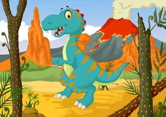 funny dinosaur cartoon with volcano landscape background