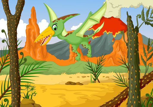 funny pterodactyl cartoon flying with volcano landscape background