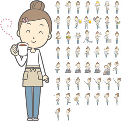 お団子ヘアの若い主婦vol.1（案内・指差し・笑顔など, 様々な表情やポーズのイラストをセット）