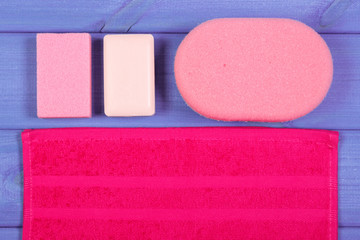 Accessories and cosmetics for personal hygiene in bathroom, concept of body care, copy space for text