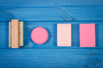Accessories and cosmetics for personal hygiene in bathroom, concept of body care