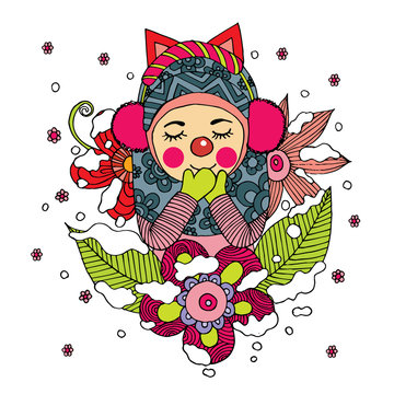 Snow Girl with Flower Doodle Vector