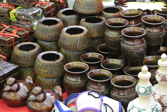PERAK, MALAYSIA -JULY 9, 2016: Malay traditional pottery designs which have been commercialized and diversified designs and sizes.
