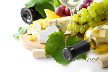 Wine with grapes and cheese, isolated on white