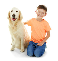 Small boy and cute dog, isolated on white