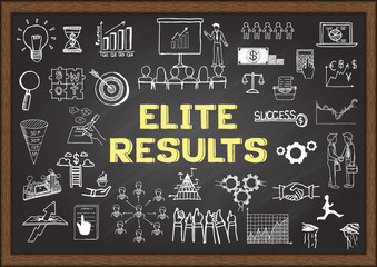 Hand drawn business icons about Elite Results on chalkboard