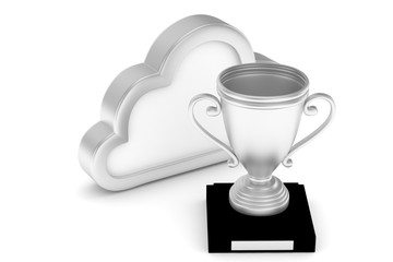 Isoalted silver cup with cloud on white background.  Concept of cloud storage competition. Leader cloud drive. Best storage contest. 3D rendering.