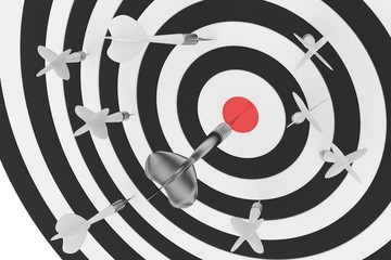 Darts board with red center and silver arrow on white background. 3D rendering.