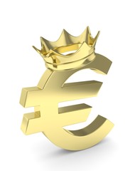 Isolated golden euro sign with golden crown on white background. Concept of making profit, income. Currency sign. European money. 3D rendering.
