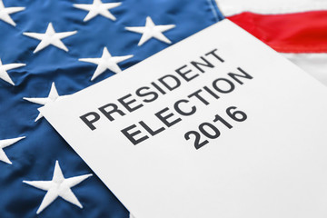 Naklejka premium American vote concept. Voter registration application for presidents elections 2016 on stars and stripes background