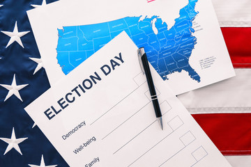 American vote concept. Ballot for presidents election 2016 on stars and stripes background