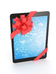 Black tablet with red bow and blue screen. 3D rendering.