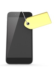 Smart phone with golden price tag on white background. Identification, price, label. Luxury and expensive offer. 3D rendering.