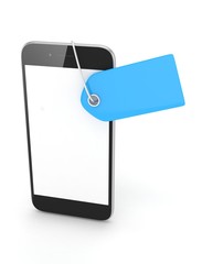 Smart phone with blue price tag on white background. Identification, price, label. 3D rendering.