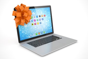 Tied laptop with red bow on white background. Modern present or gift for birthday, holiday, christmas. 3D rendering.