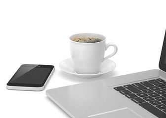 Laptop smartphone and coffee cup on white. 3d rendering.
