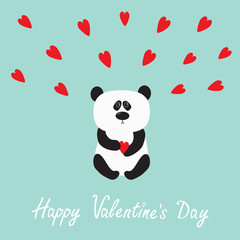 Panda baby bear. Cute cartoon character holding red heart. Wild animal collection for kids. Blue background with hearts. Happy Valentines day. Love greeting card. Flat design.