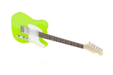 Isolated green electric guitar on white background. Concert and studio equipment. Musical instrument. Rock, blues style. 3D rendering.