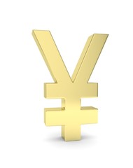 Obraz premium Isolated golden yen yuan sign on white background. Chinese japanese currency. Concept of investment, asian market, savings. Power, luxury and wealth. 3D rendering.
