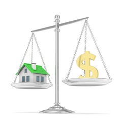 Isolated silver scales with golden dollar and house on white background. Investment or savings concept. Real estate and currency. 3D rendering.