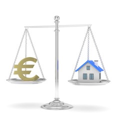 Isolated silver scales with golden euro and house on white background. Investment or savings concept. Real estate and currency. 3D rendering.