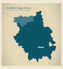 Modern Map - Cambridgeshire county with Peterborough UK