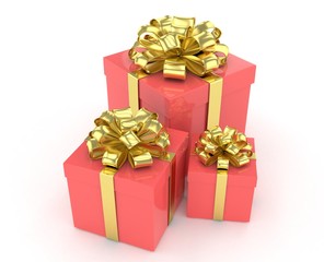 three gift boxes with bows isolated on white. 3d rendering.
