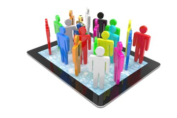 group of people figures on tablet PC. 3d rendering.