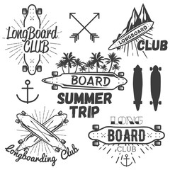 Vector set of longboard skateboard emblems, labels, badges. Skateboarding concept illustration