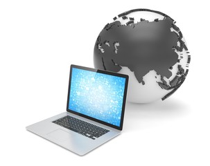 Laptop network and earth globe. 3d render