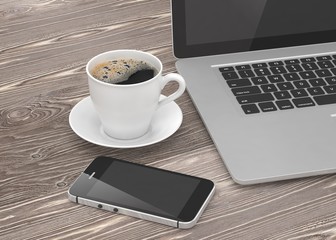 Laptop smartphone and coffee cup on wood table. 3d rendering.