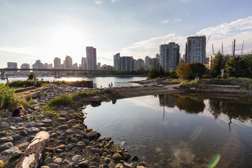Beautiful public park in False Creek, Downtown Vancouver, British Columbia, Canada. Taken on a cloudy evening before sunset.