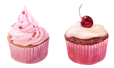 sweet pink watercolor cupcakes with cherry